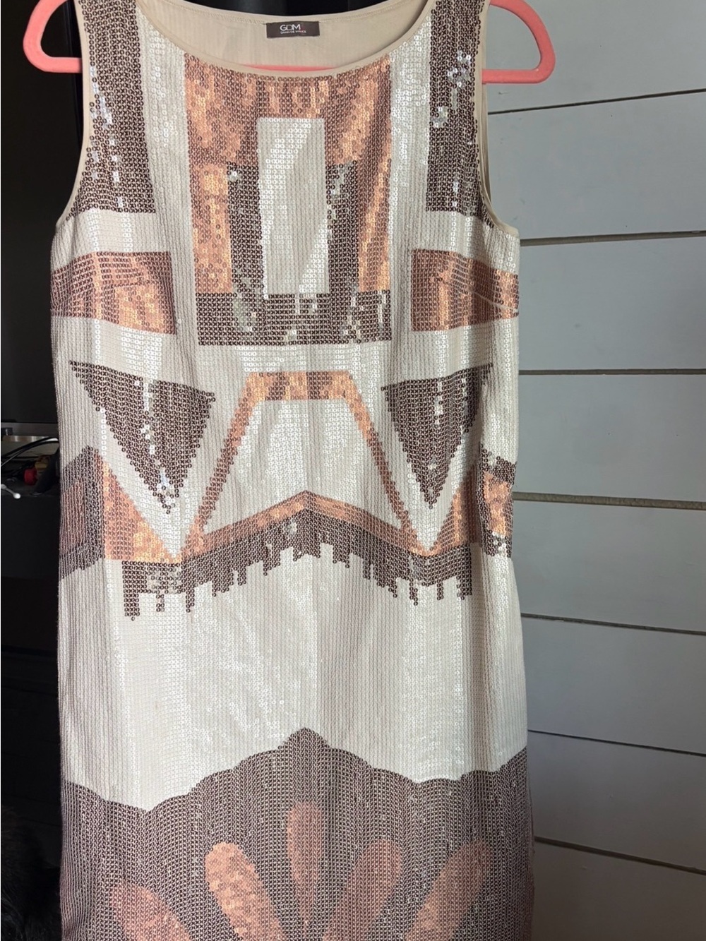 Anthropologie Sleeveless Sequin Embellished Shift Dress in Cream and Rose Gold